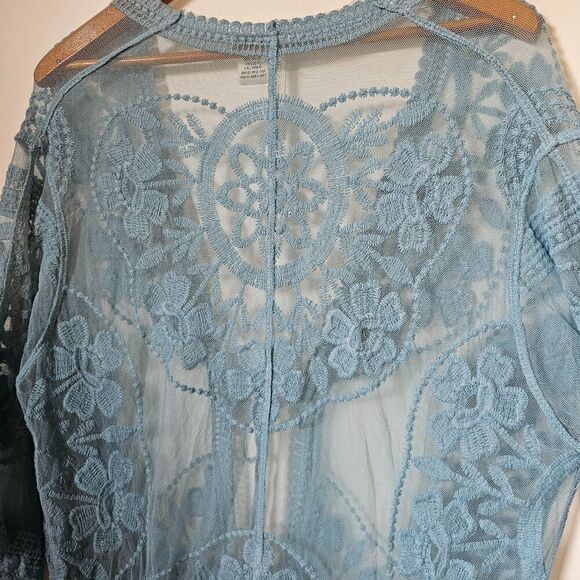 EUC FORGOTTEN GRACE LIGHT BLUE LACE/EMBROIDERED LONG DUSTER KIMONO JACKET S/M - Picture 3 of 12